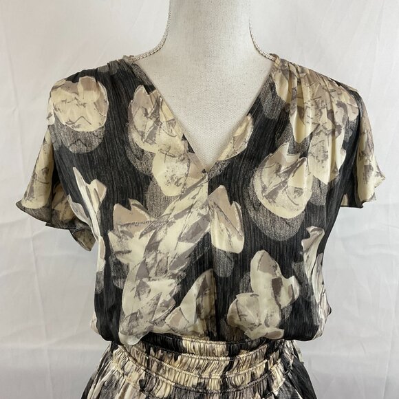 Halston Heritage Dress S Gray Cream Floral Elastic Waist Tiered Butterfly Sleeve - Picture 3 of 14